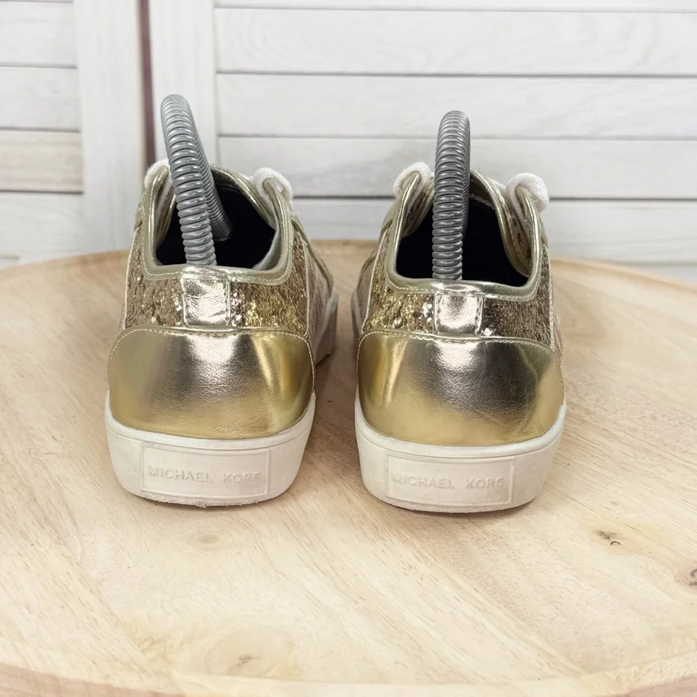 Michael Kors Cali Starla 2‎ Logo Jacquard Glitter Sneakers Tan Gold 3 Big Kids